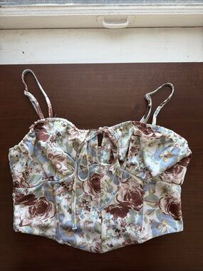 Pacsun LA HEARTS Floral Tie-Front Crop Top in Brown & Blue